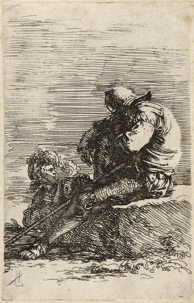 Two Soldiers, One Seated on a Ledge Holding a Cane by Salvator Rosa